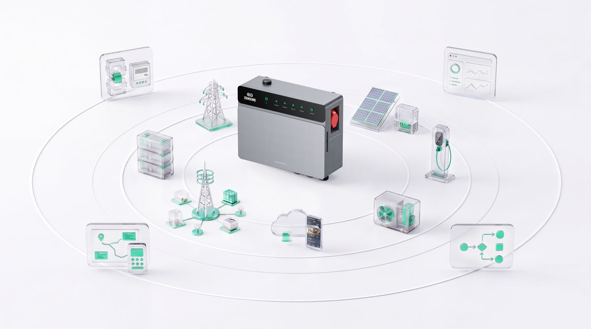 A central PowerHub connected to storage, solar panels and household appliances