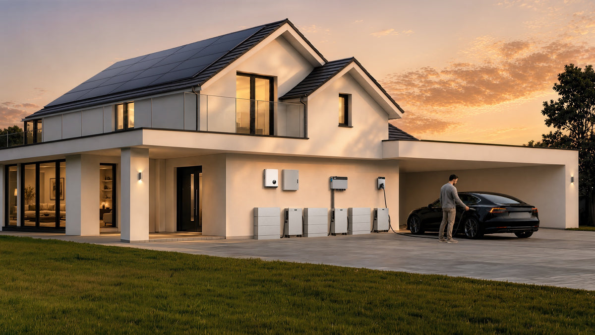 Electric car at a home with charging equipment, PowerHub and SolarFlow storage