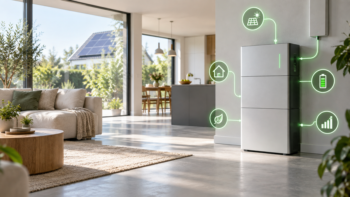 Moderne thuisbatterij in een woning met zonnepanelen en slimme energiestromen