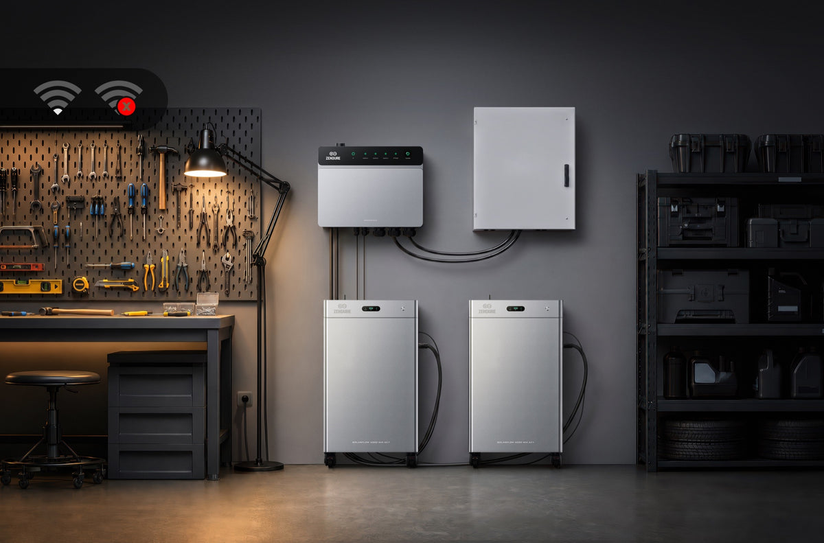 PowerHub and SolarFlow systems in a garage with a disconnected Wi-Fi symbol