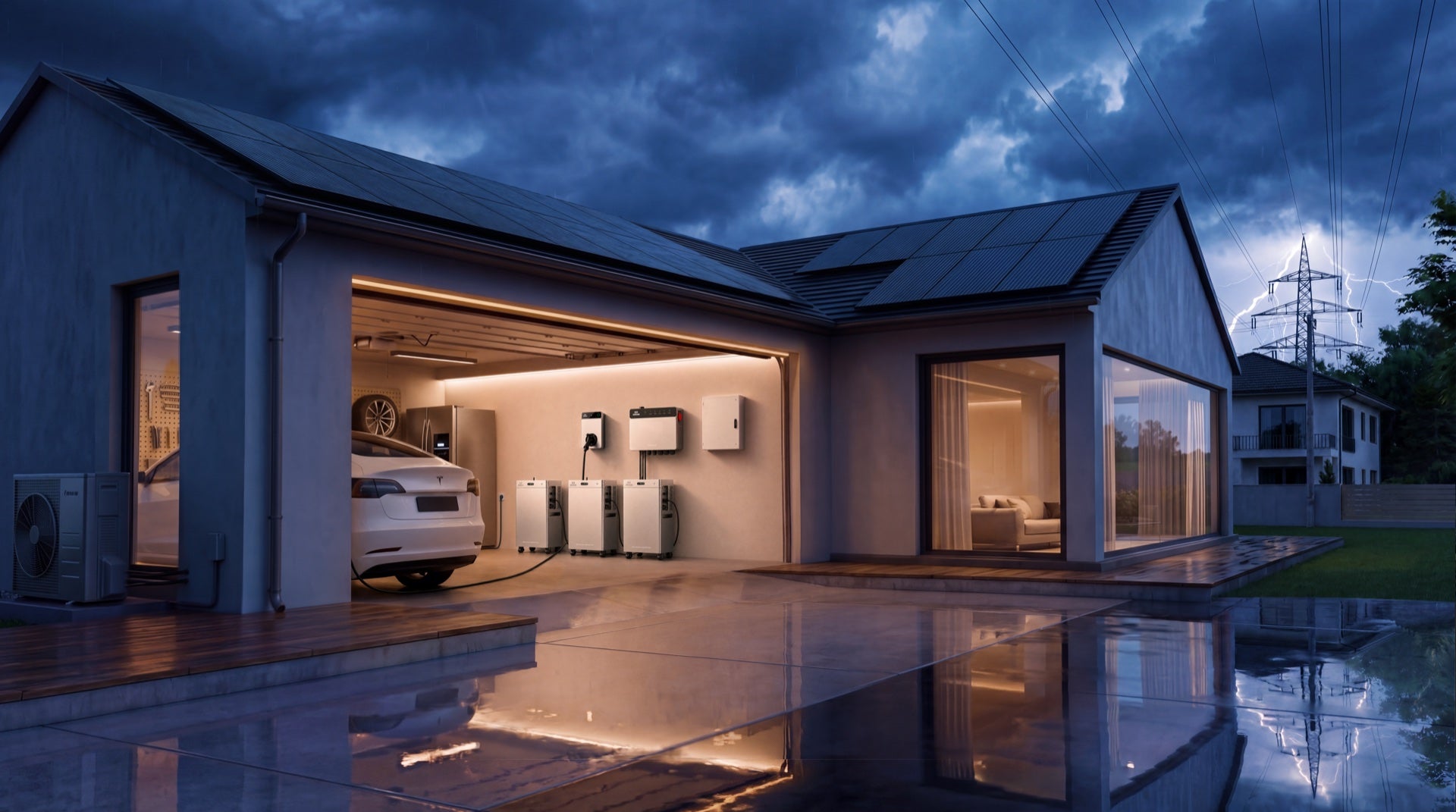 Illuminated home with PowerHub and SolarFlow batteries during a dark evening