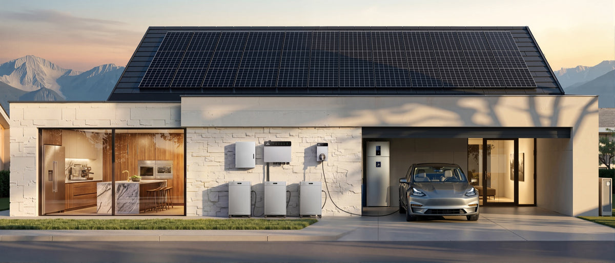 Home with solar panels, PowerHub, SolarFlow storage and an electric car